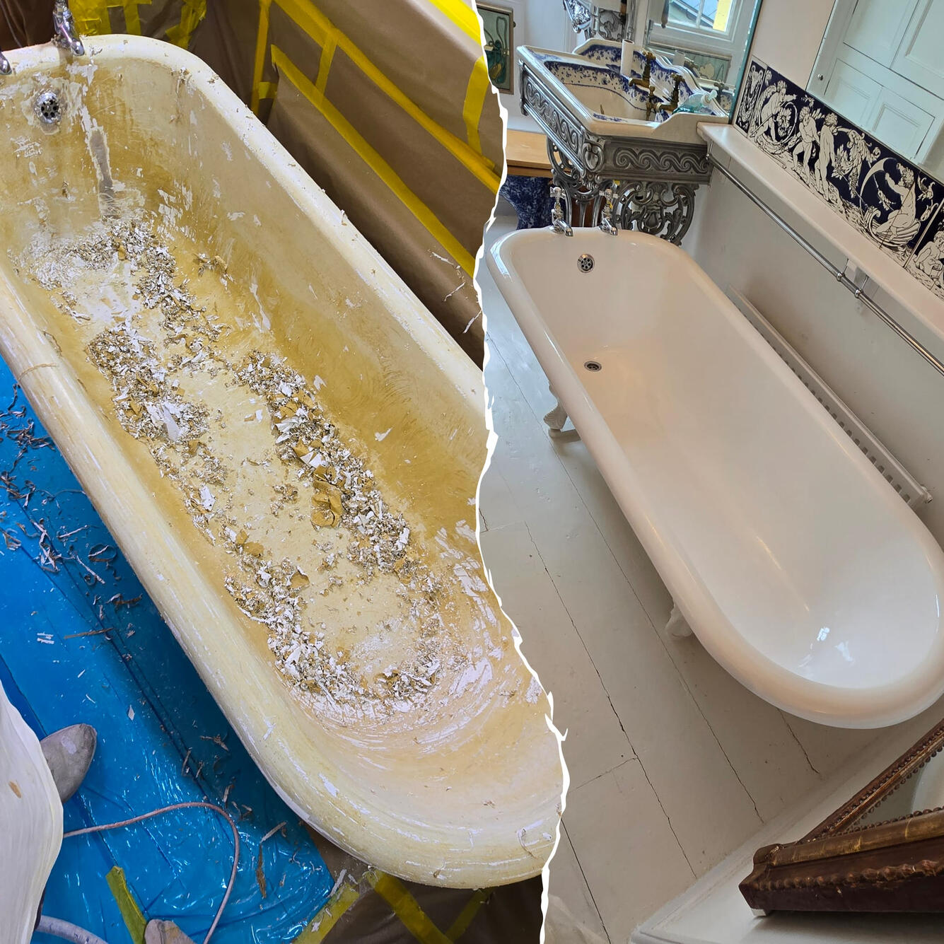 Before and after Victorian cast iron roll top bath re-enamelling in Worcester