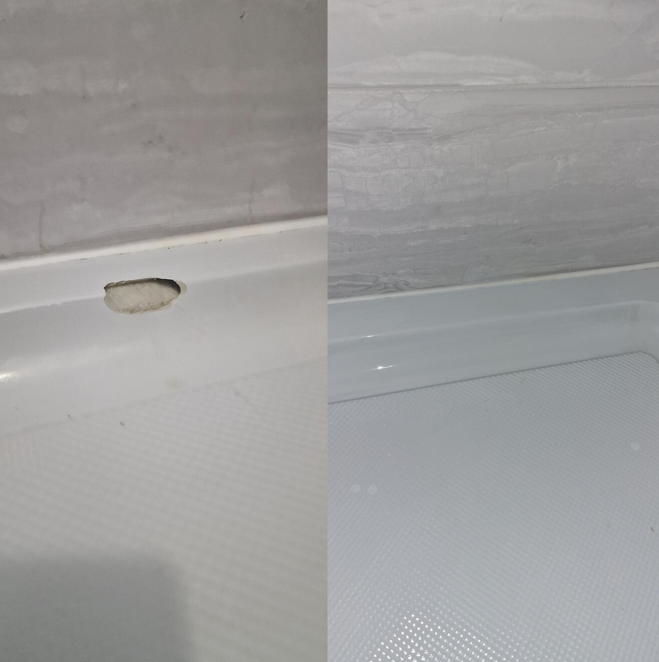 Before and after pictures of a shower Tray repair Worcester