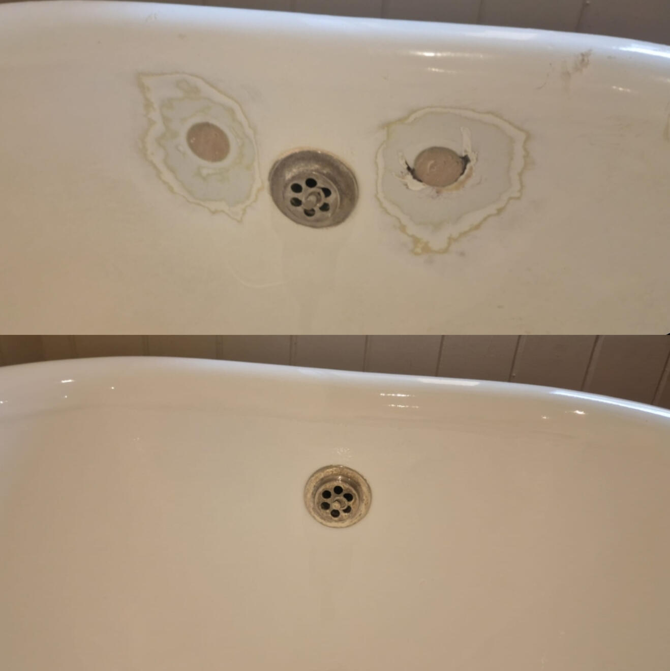 Before and after cast iron bath tap holes filled and repaired in St John's Worcester