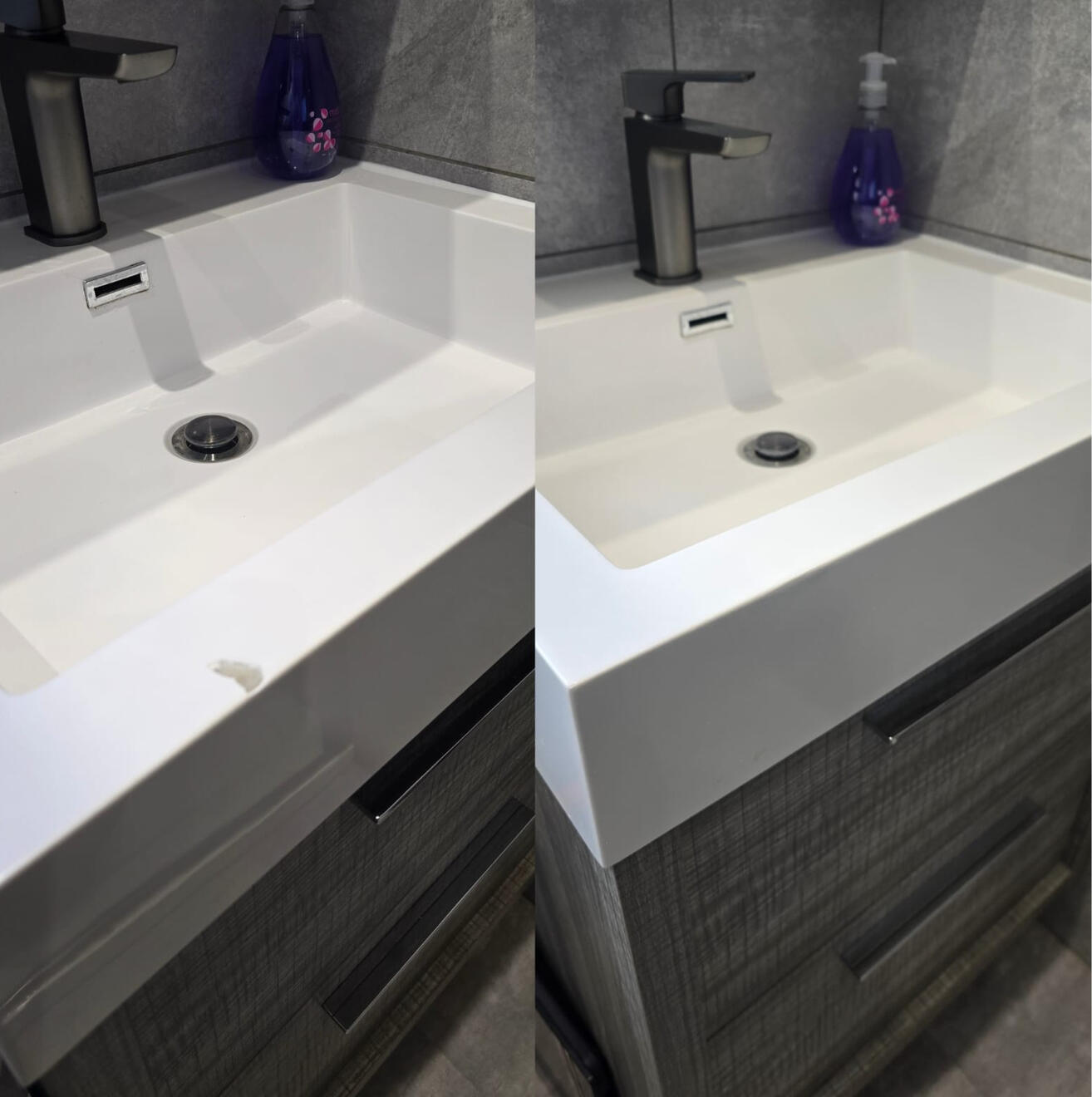 Before and after composite bathroom basin chip repair in Worcester