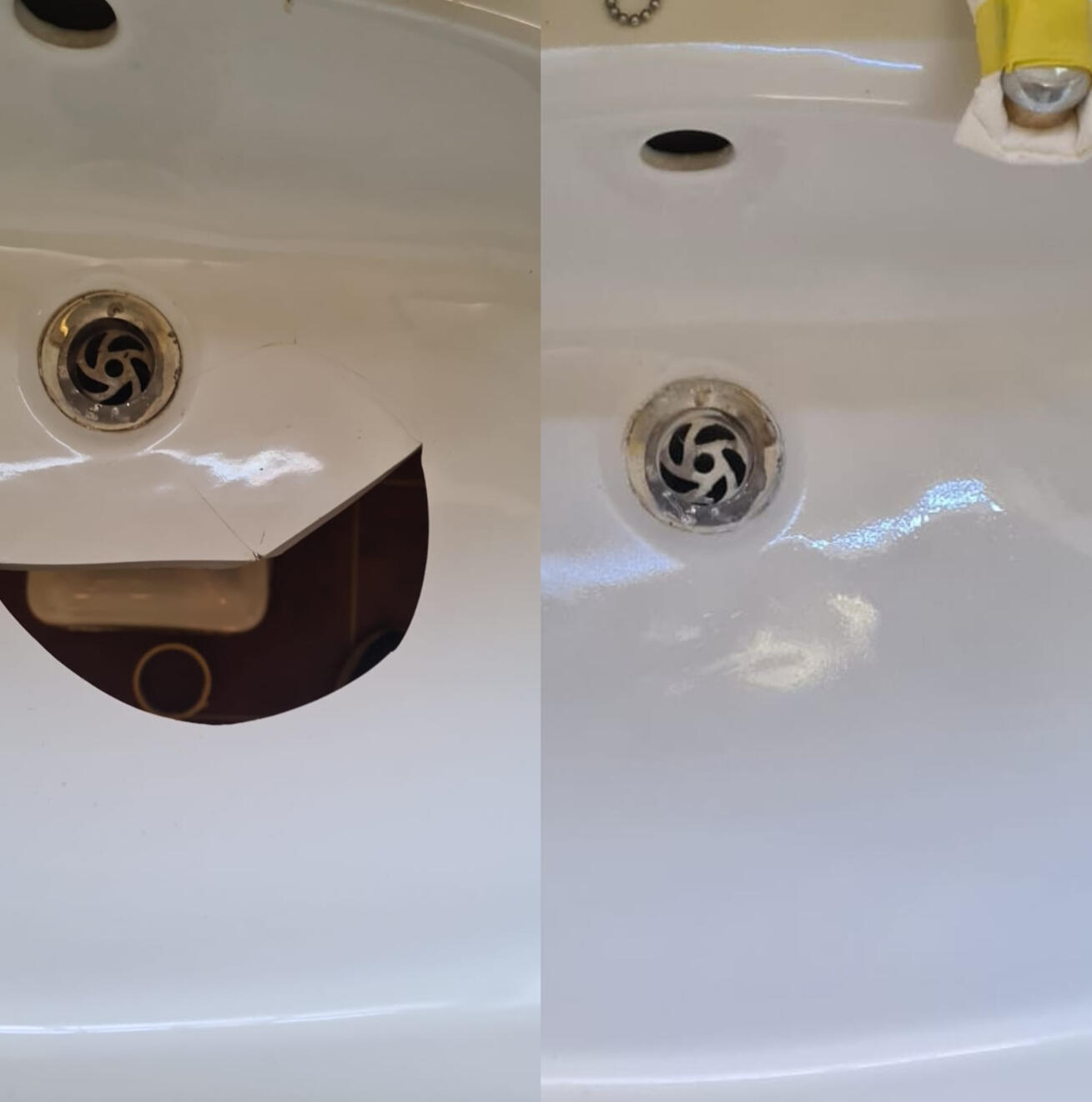 Before and after ceramic sink crack repair in St John's, Worcester